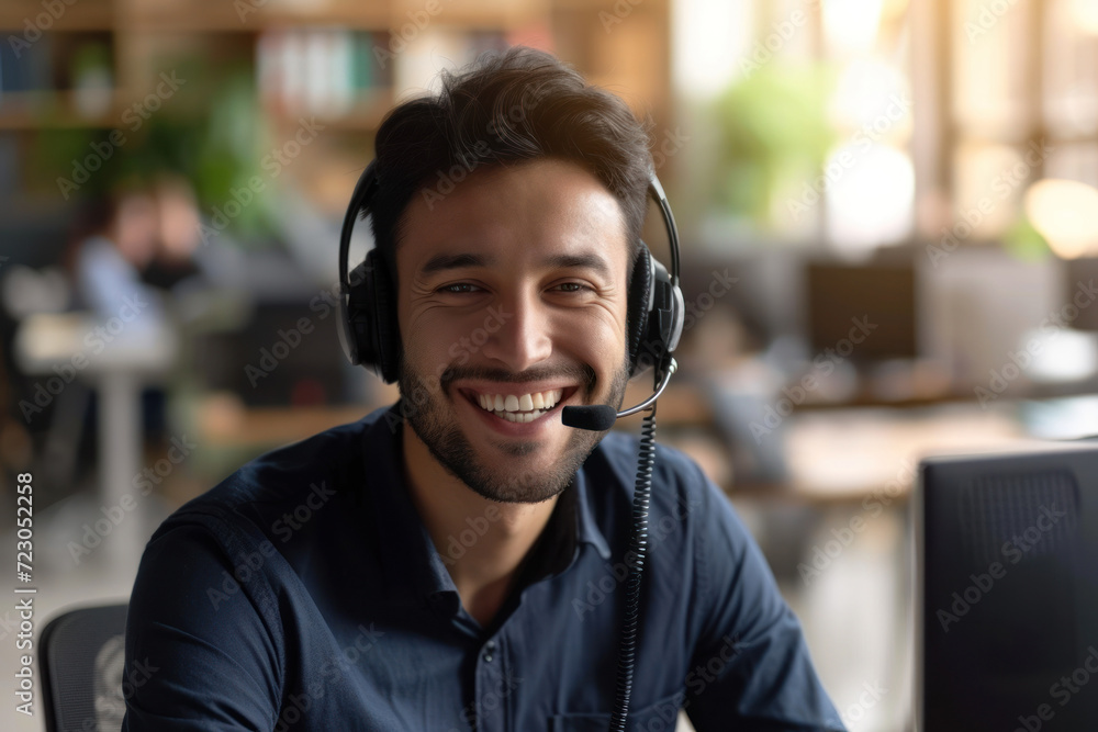 Call center worker with headset smiling in office Call center worker with headset smiling in office