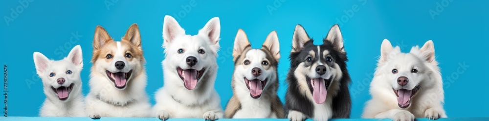 A group of dogs from different breeds sitting patiently side by side in a grassy park. A group of dogs from different breeds sitting patiently side by side in a grassy park.