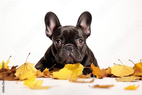 A small black dog peacefully rests on a pile of leaves in a serene outdoor setting.