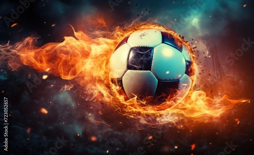 A soccer ball placed in the middle of a raging fire, with flames engulfing the ball. © pham