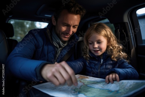 A man and a little girl are seated in a car, attentively studying a map.