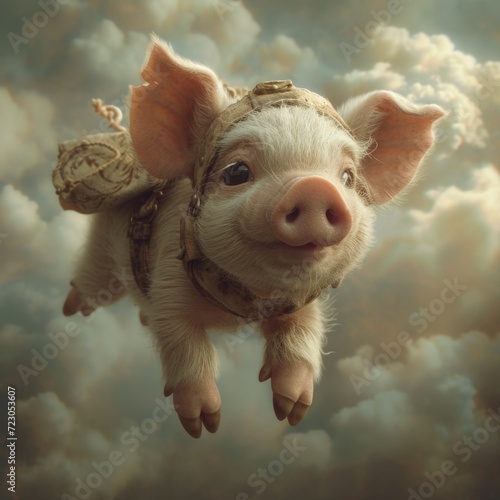 Adventurous little pig flying through the sky on his adventures. Petit cochon aventurier volant dans le ciel à l'aventure. © Jerome Mettling