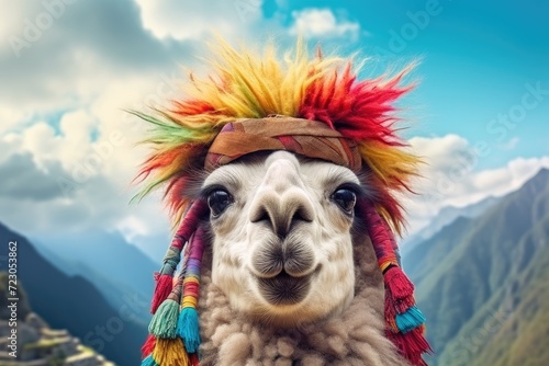 A llama with a vibrant headdress captured in a close-up shot, showcasing its unique attire.