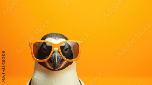 A penguin wearing sunglasses stands confidently on an orange background. © pham
