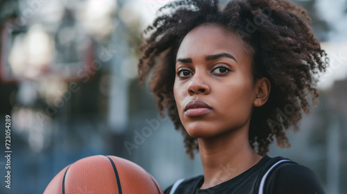 female poc basketball player at outside court holding ball with serious expression