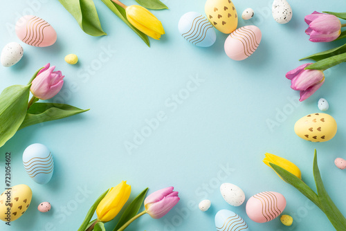 Cheerful Spring Greetings Setup: top view of colorful eggs, and tulips on a pastel blue surface. Perfect for messages or advertisements with available text space photo