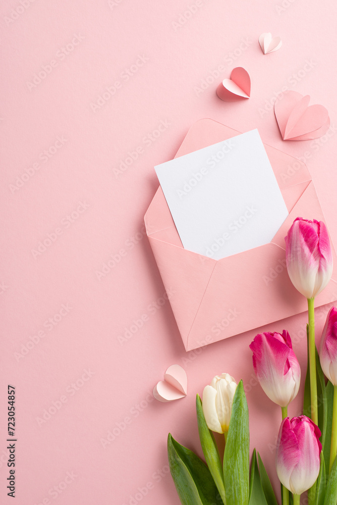 Elegant Devotion: Celebrate special woman in your life with vertical top-view ensemble featuring tulips, hearts, personalized invitation on sophisticated pink backdrop. Heartfelt Woman's Day greeting Elegant Devotion: Celebrate special woman in your life with vertical top-view ensemble featuring tulips, hearts, personalized invitation on sophisticated pink backdrop. Heartfelt Woman's Day greeting