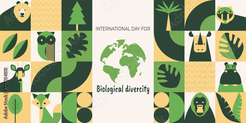  International Day of Biological Diversity. May 22nd. The concept of wildlife. Geometric mosaic with abstract shapes of different animals. Template for postcards, flyers, banners. Vector illustration. photo