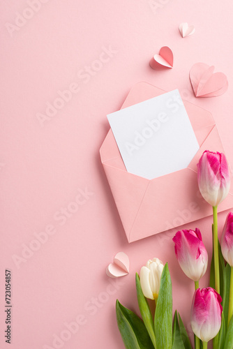 Elegant Devotion: Celebrate special woman in your life with vertical top-view ensemble featuring tulips, hearts, personalized invitation on sophisticated pink backdrop. Heartfelt Woman's Day greeting © ActionGP