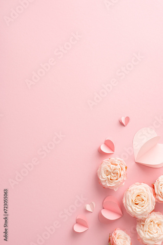 Honor your glamorous lady on Women's Day! Vertical top view capture of exquisite roses and endearing hearts arranged on soft pink background. Open space for your heartfelt message or promotional text