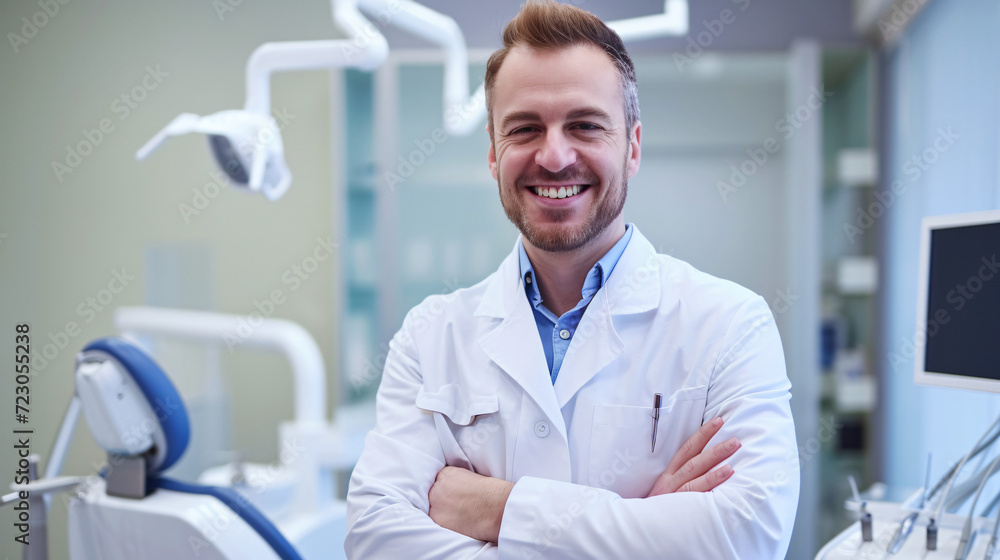 smiling male dentist in a white coat in a dental office