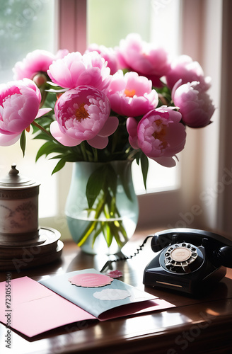 pink peonies in a vase on a desk by the window in a mansion, vintage style.