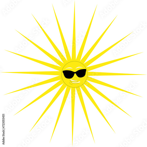 Soleil jaune avec paire de lunettes sur fond blanc	 photo