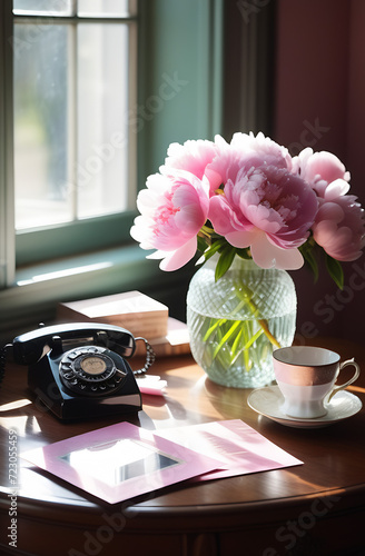 pink peonies in a vase on a desk by the window in a mansion, vintage style.