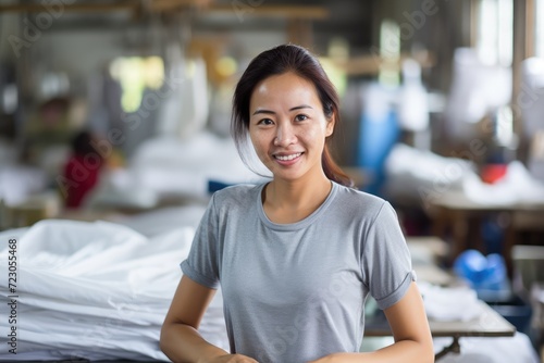 A woman standing confidently next to a neatly made bed in a well-lit room.