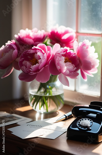 pink peonies in a vase on a desk by the window in a mansion, vintage style.