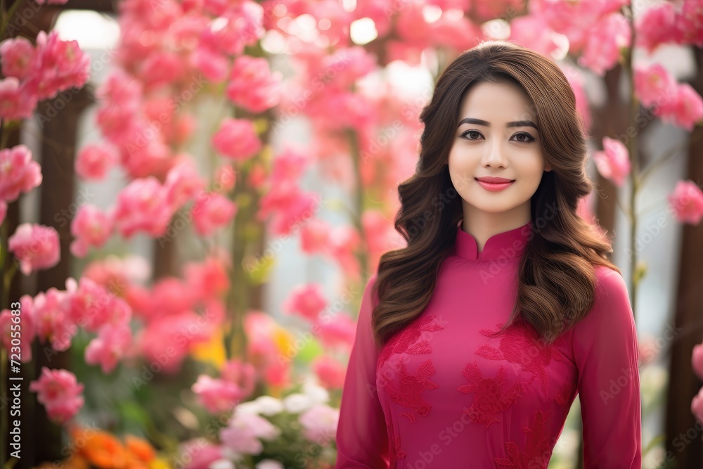 A woman stands gracefully in front of a vibrant array of pink flowers, capturing the beauty of nature. A woman stands gracefully in front of a vibrant array of pink flowers, capturing the beauty of nature.