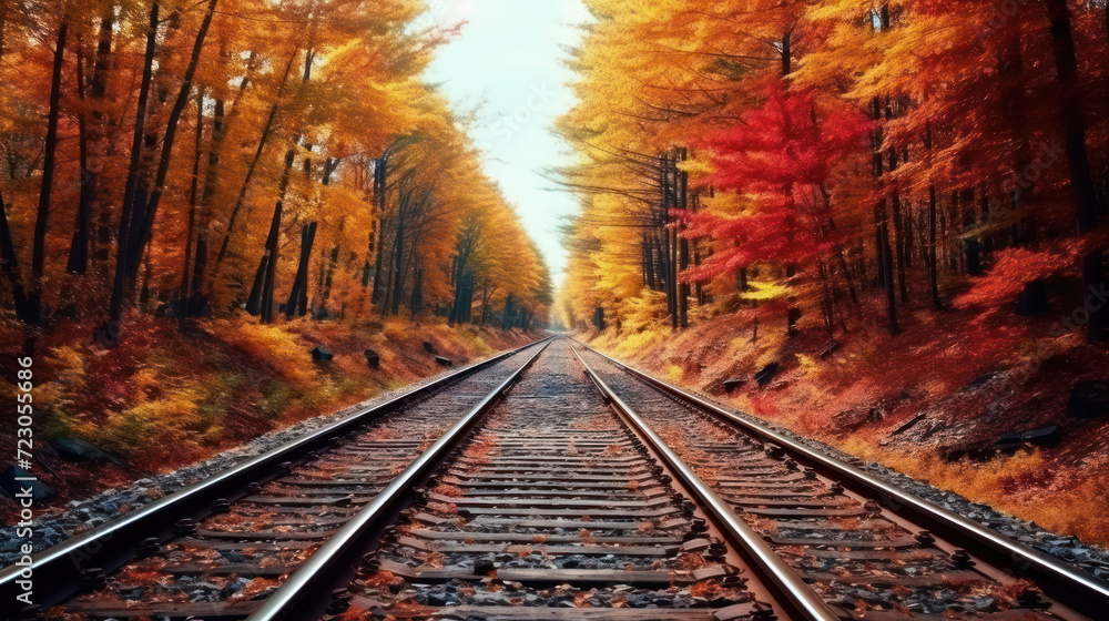 Naklejka premium Double track railway Among the forests in the autumn.