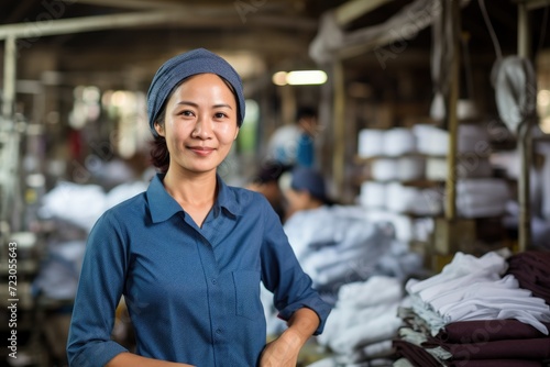 A woman stands in front of a large pile of clothes, organizing and folding them. © pham