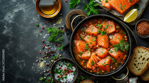 Perfectly portioned salmon fillets rest in a skillet, each garnished with delicate herbs. Around them, the dark surface is sprinkled with an array of colorful spices and vibrant condiments.