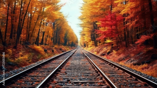 Double track railway Among the forests in the autumn.