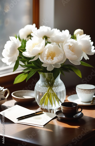 white peonies in a vase on a desk by the window in a mansion, vintage style.