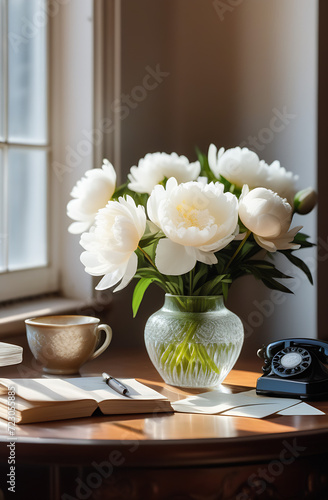 white peonies in a vase on a desk by the window in a mansion, vintage style.