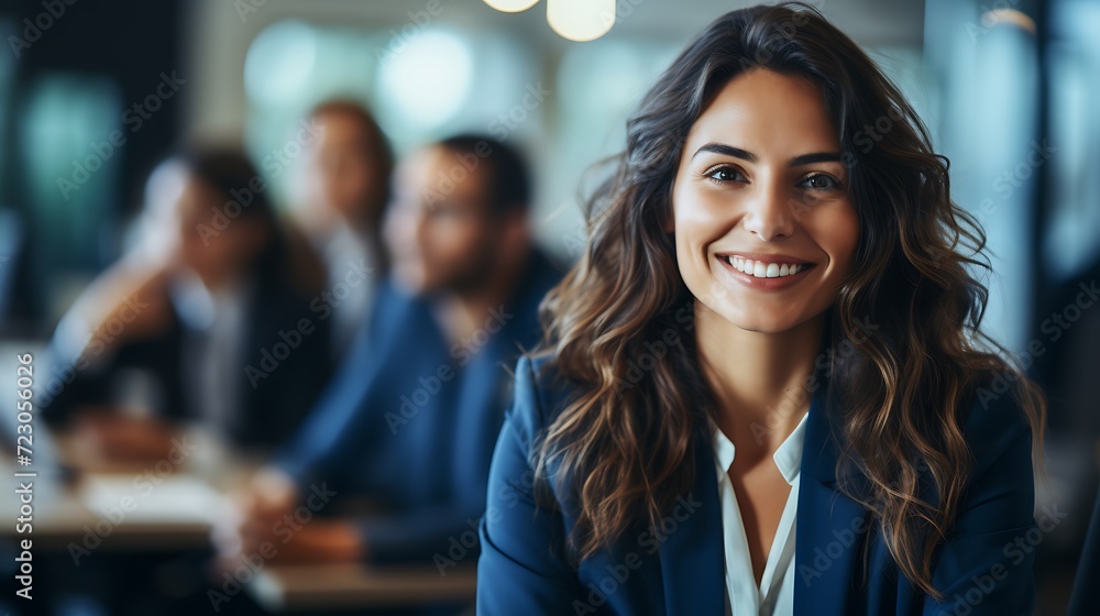 Portrait of smiling businesswoman in office with colleagues in the background Portrait of smiling businesswoman in office with colleagues in the background