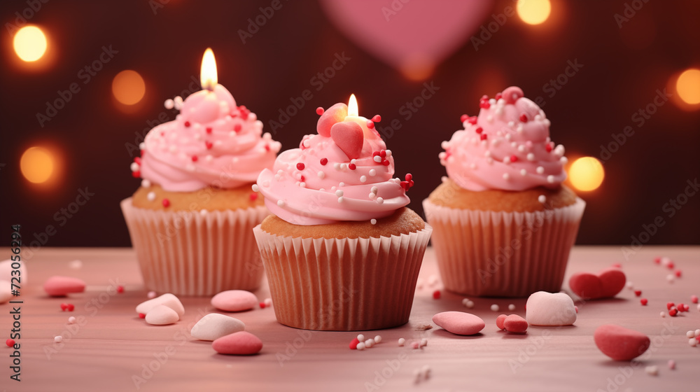 Celebratory Cupcakes with Candles and Heart Decorations