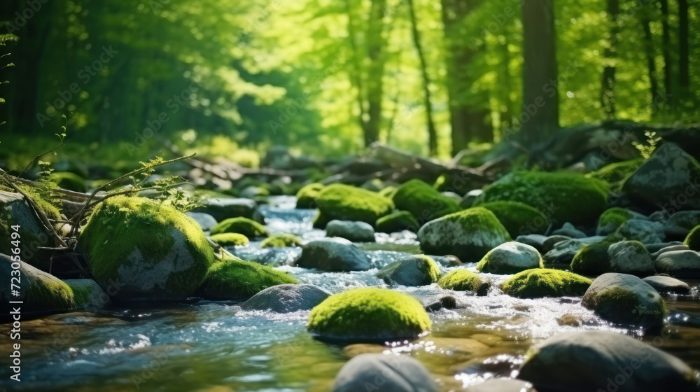 Spring forest nature landscape, beautiful spring stream, river rocks in mountain forest. Spring forest nature landscape, beautiful spring stream, river rocks in mountain forest.