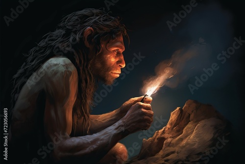 Obraz na plátně Neanderthals man with fire flame