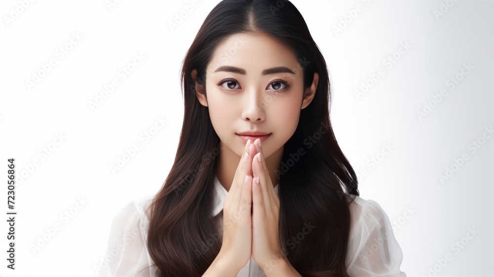 A Portrait of a young Asian woman pleading on a white isolated transparent background. A Portrait of a young Asian woman pleading on a white isolated transparent background.