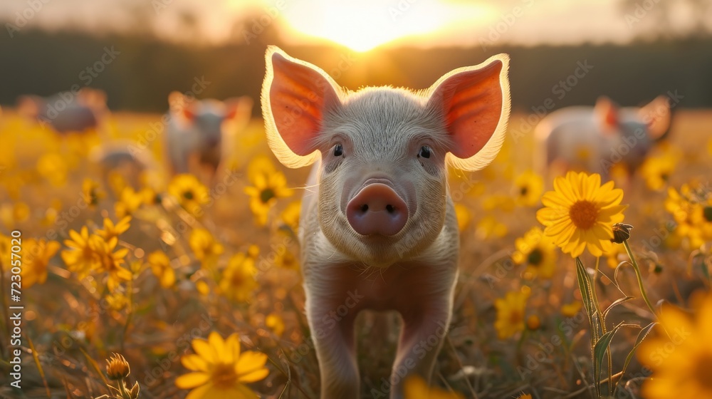 Fototapeta premium pigs on a field with amazing light 