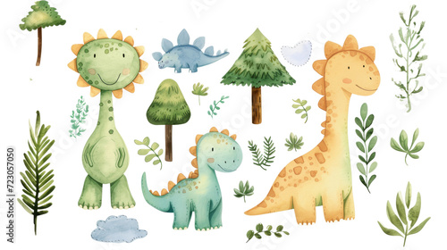 Collection of watercolor dinosaurs and plants, with a whimsical, child-friendly style. © mashimara