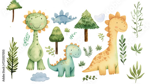 Fototapeta Naklejka Na Ścianę i Meble -  Collection of watercolor dinosaurs and plants, with a whimsical, child-friendly style.