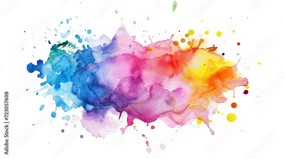 Colorful watercolor paint splashes blending on white paper, creating a vivid spectrum.