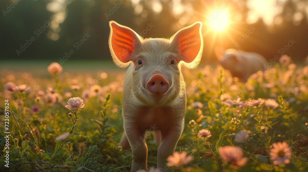 pigs on a field with amazing light 