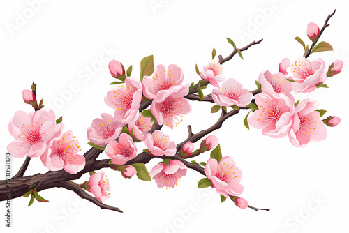 Blooming branch of fruit tree on white background. Apple, peach, almond or sakura blossom. Delicate little pink flowers