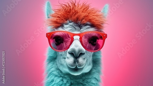 A llama with red sunglasses poses in front of a vibrant pink background. © pham