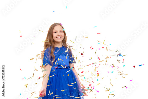 Little happy girl throwing colorful confetti on a white background. photo