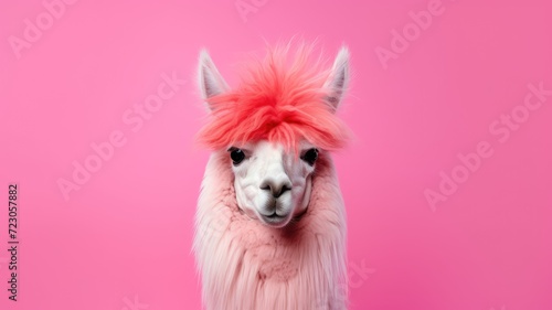 A llama with a vibrant pink mohawk on its head stands in a grassy field.