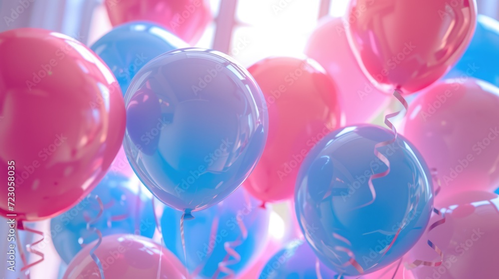 Blue and pink balloons background. Holiday decoration. Fun gender party. People guess baby boy or girl. Surprise festive design. Greeting postcard. Beautiful carnival decor. Helium rubber baloons. Blue and pink balloons background. Holiday decoration. Fun gender party. People guess baby boy or girl. Surprise festive design. Greeting postcard. Beautiful carnival decor. Helium rubber baloons.
