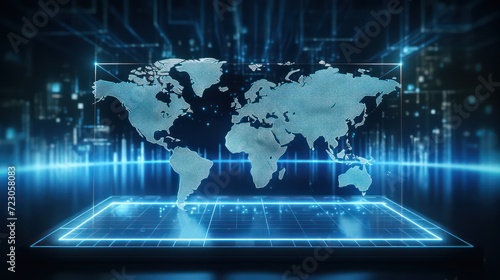 A holographic of digital world map display, minimal gradient light blue background, wide shot. © Phoophinyo