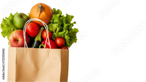 Fresh vegetables in a brown paper bag on a white background, zero waste concept photo
