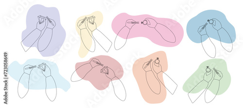 Set of Outline hands on Abstract color shapes with ring, Gemstone and Tweezers. Collection of Jeweler Arms Silhouette, Vector contour illustration. Jewelry making concept. Design art element.