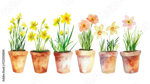 Watercolor painting of pink and yellow spring flowers in terracotta pots.