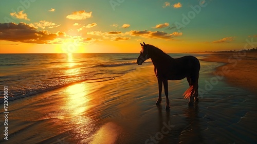 Silhouette of a beautiful brown domestic horse animal photography  standing on the sand beach during the golden hour sunset sky with clouds  ocean or sea waves in the background