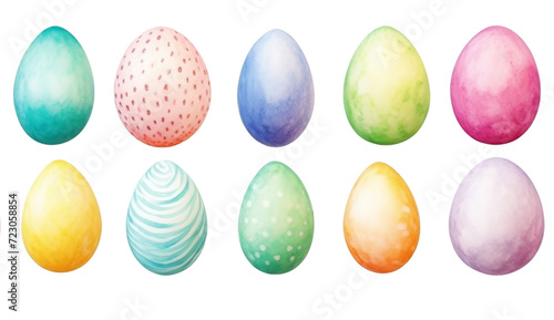Assorted watercolor Easter eggs with various patterns on a white background.