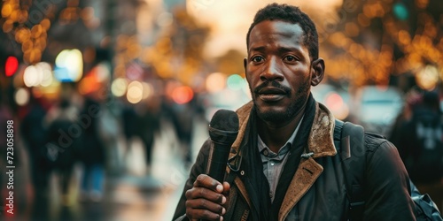 man public black speaker giving speech in front of tv camera or breaking news reporter covering live news media and television press headlines standing in the middle of the street holding,GenerativeAI