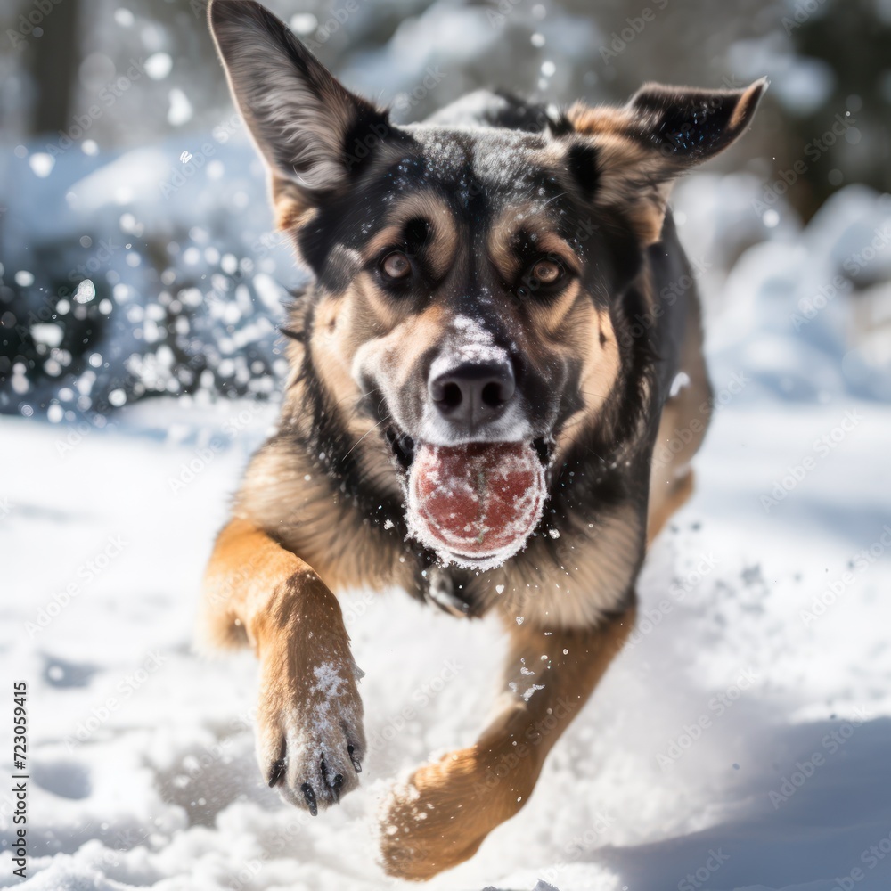 active dog Lammadore plays with a ball Run and play in the snow, surrounded by nature. active dog Lammadore plays with a ball Run and play in the snow, surrounded by nature.